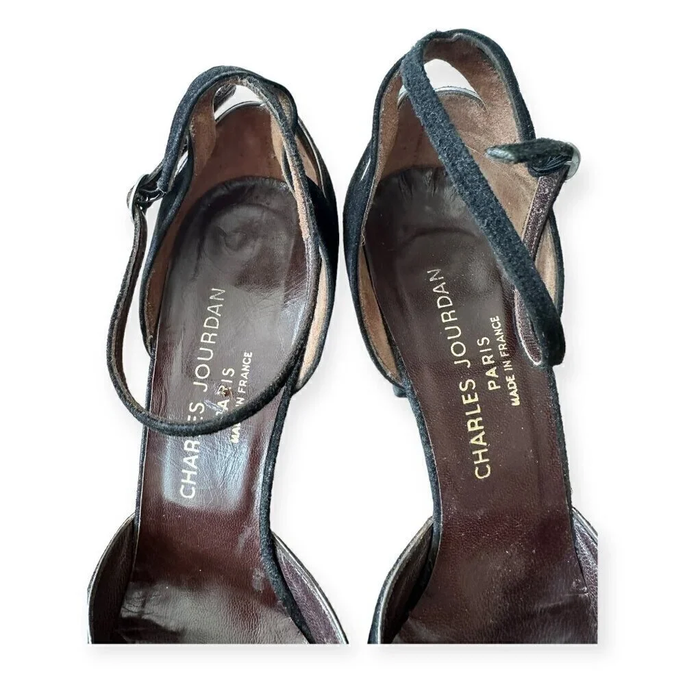 Vintage Charles Jourdan Black Suede Ankle Strap Pumps,  Size 8 1/2